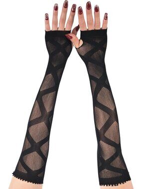 Women's Black Geometric Lattice Fishnet Long Fingerless Gothic Gloves
